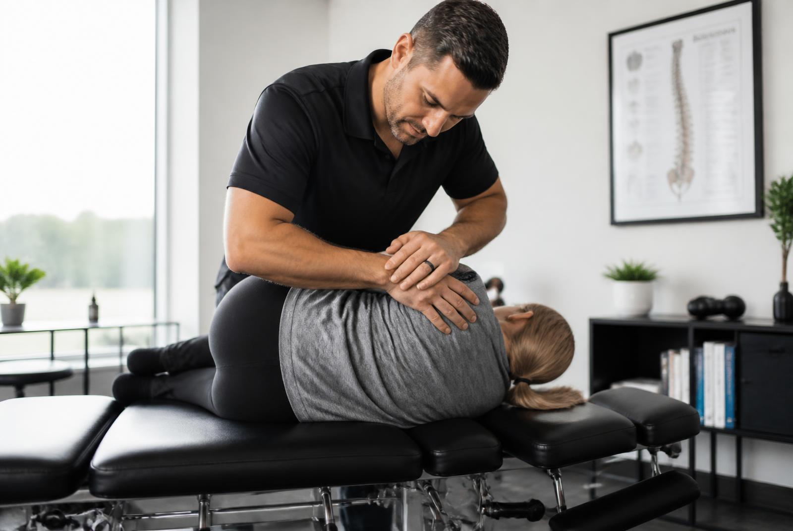 Chiropractor performing a low back adjustment
